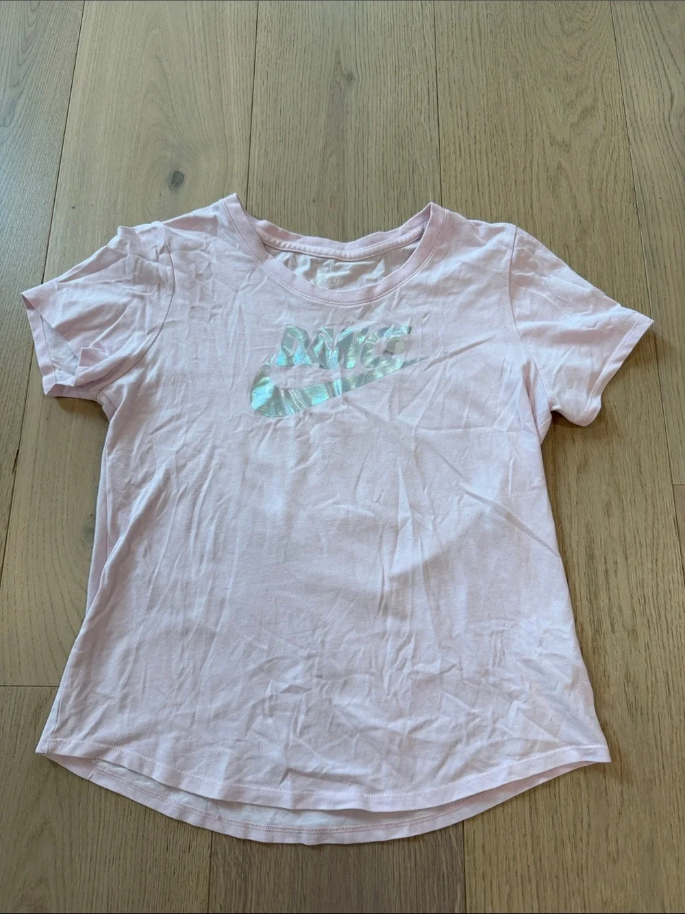 Nike Pink Short Sleeve ‘Dance’ Tee with Iridescent Swoosh Size Youth Small